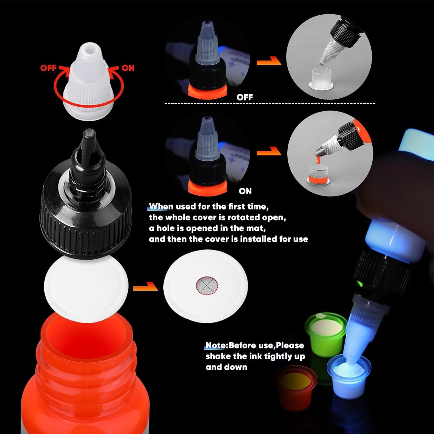 16 Color Tattoo Ink Set - 16pcs 15ml/Bottle Professional Tattoo Fluorescent Ink & Equipment for Halloween Supplies