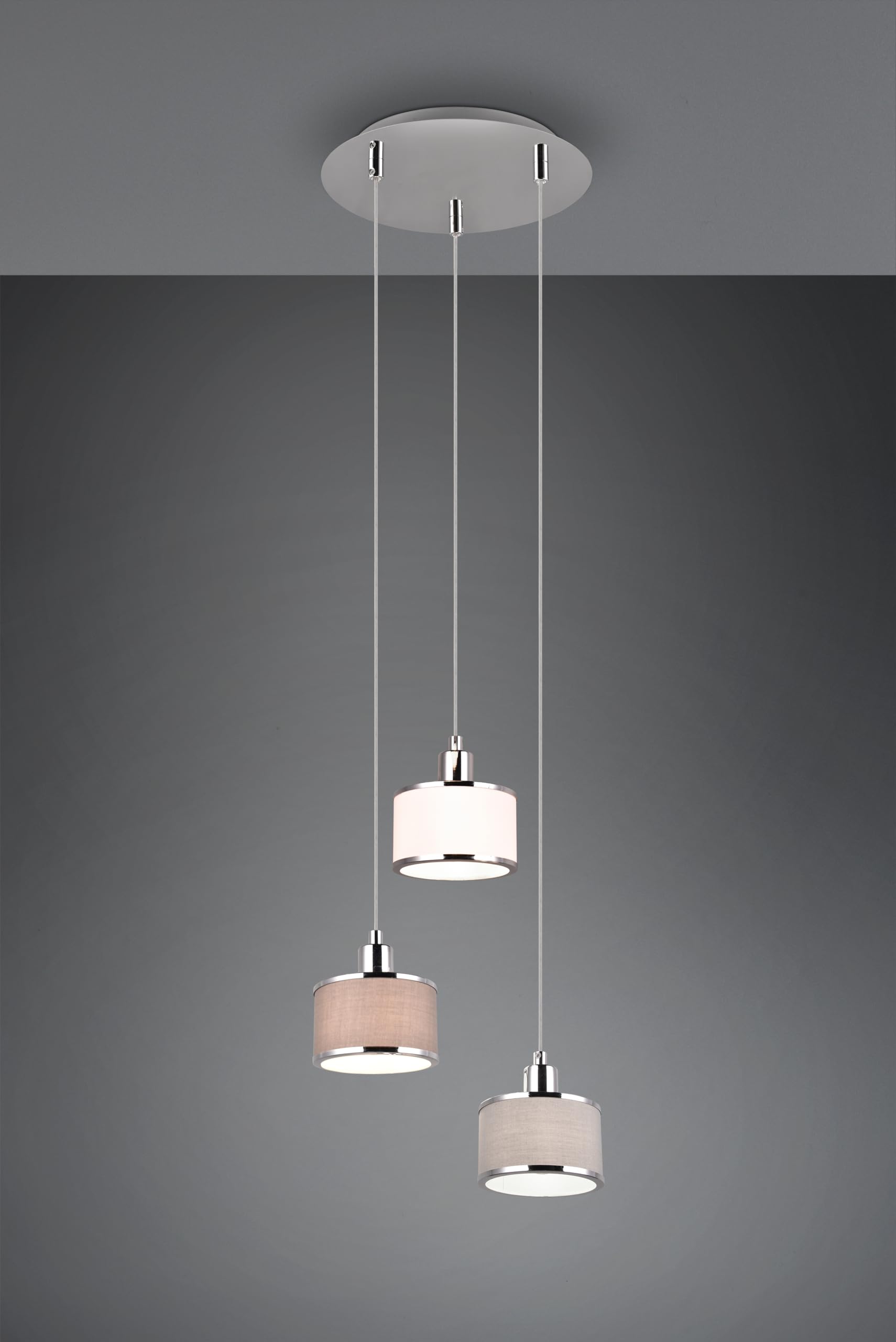 Trio Leuchten Pendelleuchte Kaprun 311630306, Metall Chrom, Schirm Stoff grau, exkl. 3x E14 |