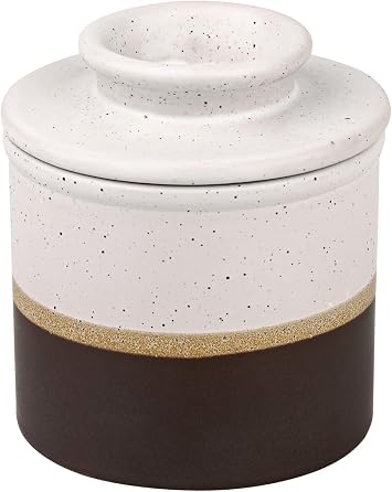 French Butter Crock Ceramic Keeper with Water Seal Two Tone Brown White | Two-tone brown and speckled white ceramic French butter crock with water seal bell to keep butter soft and spreadable.