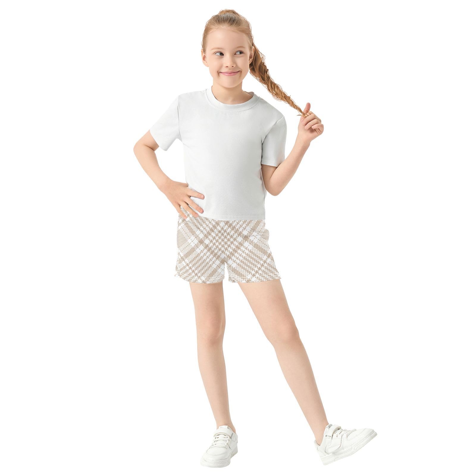 Buffalo Plaid Check Tartan Scotland Beige Shorts for Girls with Pockets for Workout Running
