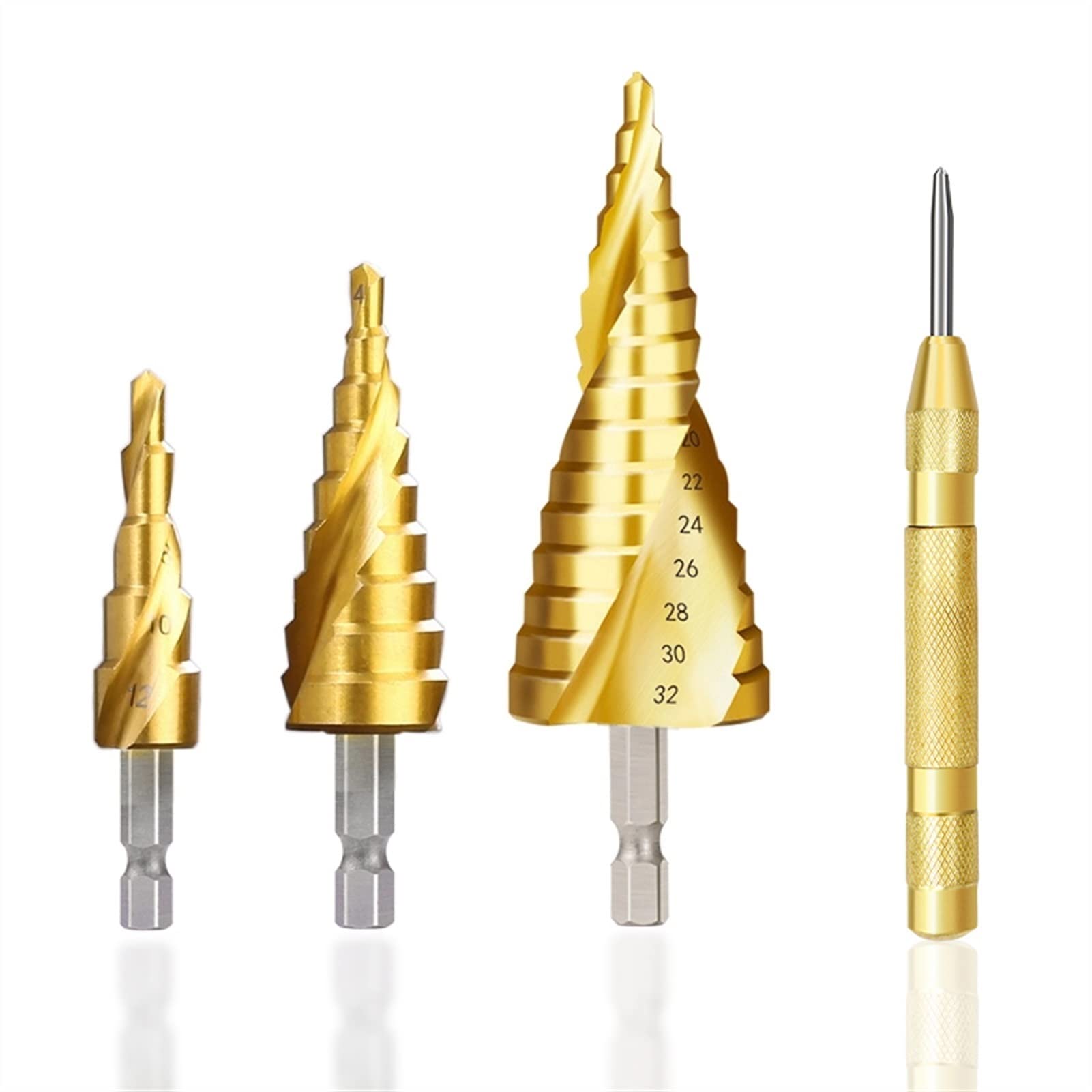 Wiertła do cięcia Wiertło stopniowe Wiertło stożkowe Hex Shank 4-12 4-20 4-30mm Wycinak do otworów w metalu z dziurkaczem Wiertło do metalu HSS pokryte tytanem (Kolor: 3 szt. Z torbą) (3 szt. Z torb