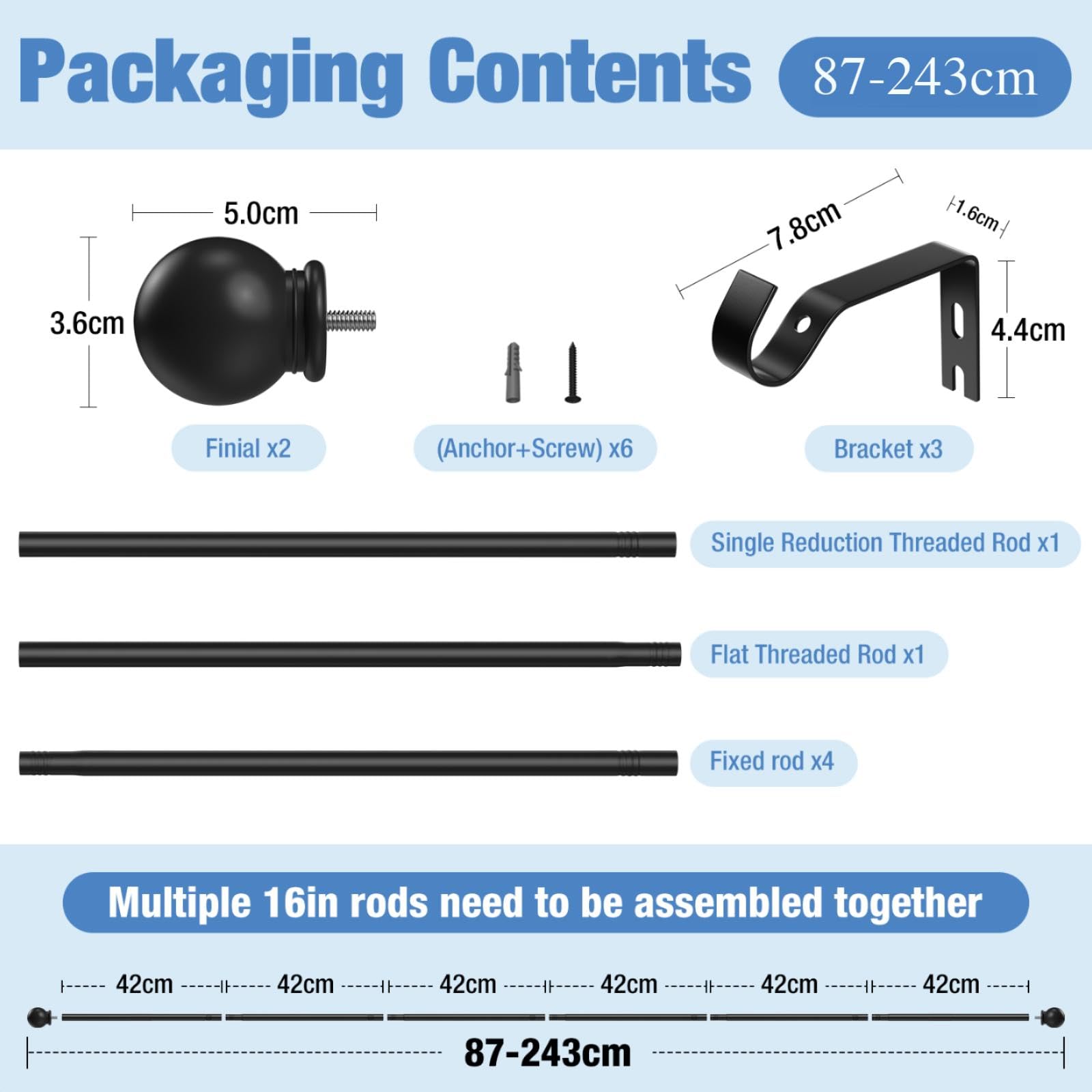PeSenp Curtain Poles 87-240cm,Black Curtain Pole for Eyelet Curtains,16mm Curtain Rod with Round Finials,Adjustable Multi-Piece Metal Curtain Poles Includes Brackets & Fittings Set - Image 3