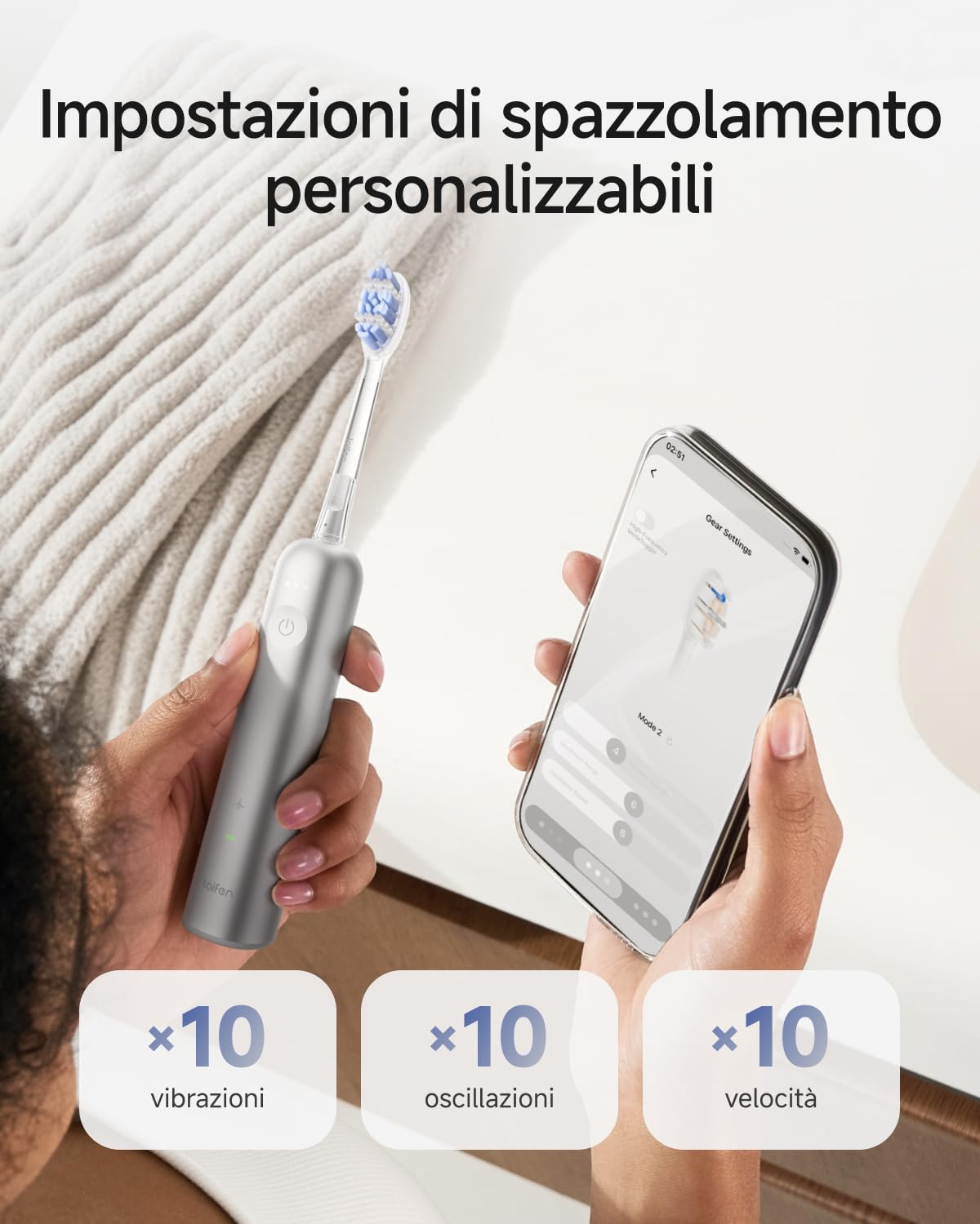 Laifen Wave Pro Spazzolino Elettrico Sonico per Adulti – Spazzolino Sonico con Oscillazioni a 60°, App Intelligente, Batteria da 70 Giorni, 2 Testine, Impermeabile IPX8 (Alluminio Argento)