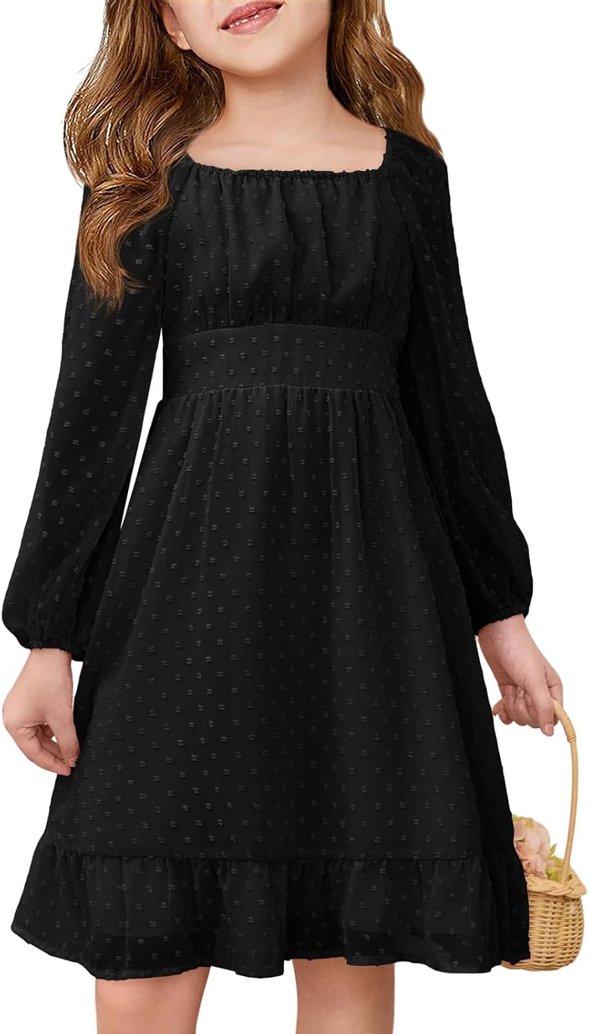 Haloumoning Girls Long Sleeve Dress Kids Ruffle Tiered Dress Swiss Dot Flowy A Line Dresses 5-14 Years