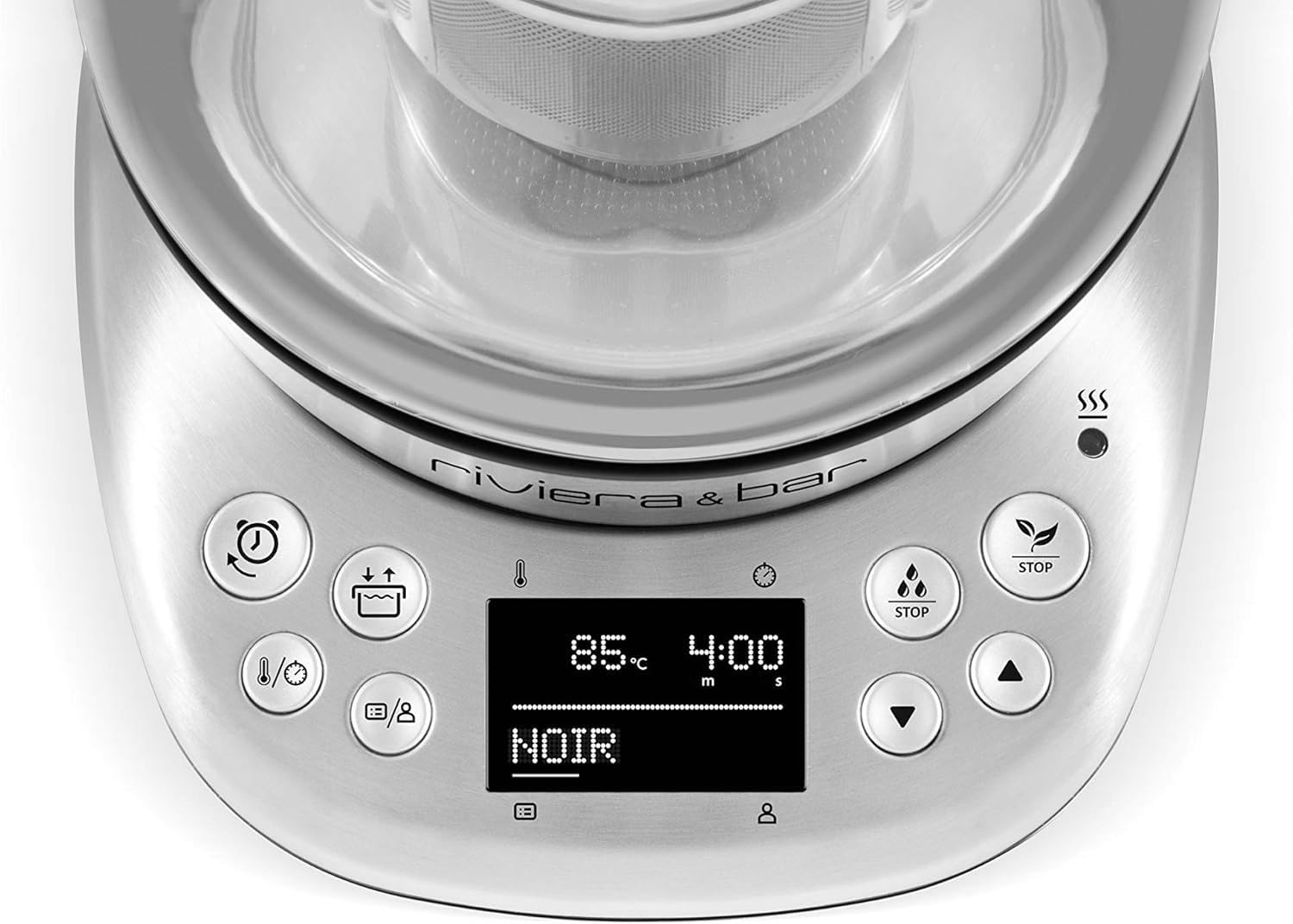 riviera&bar Théière Bouilloire CHA DAO EXPERT à Température Réglable - Verre Trempé et Inox, Mode Silencieux, Infusion Thé Optimale, Écran LCD, Programmes Personnalisables - 1,5L - Inox