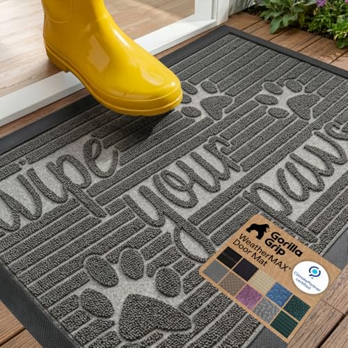 GORILLA GRIP 100% Waterproof All-Season WeatherMAX Doormat US Designed Natural Rubber Stain and Fade Resistant Low Profile Indoor Outdoor Door Mats Easy Clean Patio Mat 29x17 Stone Paws