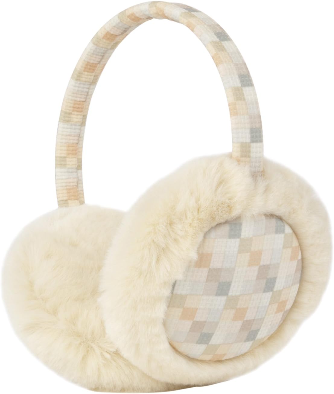 Momo Grow"Elsie" Faux Fur Trimmed Checkered Pattern Earmuffs (Fits Toddler to Adult) - Beige