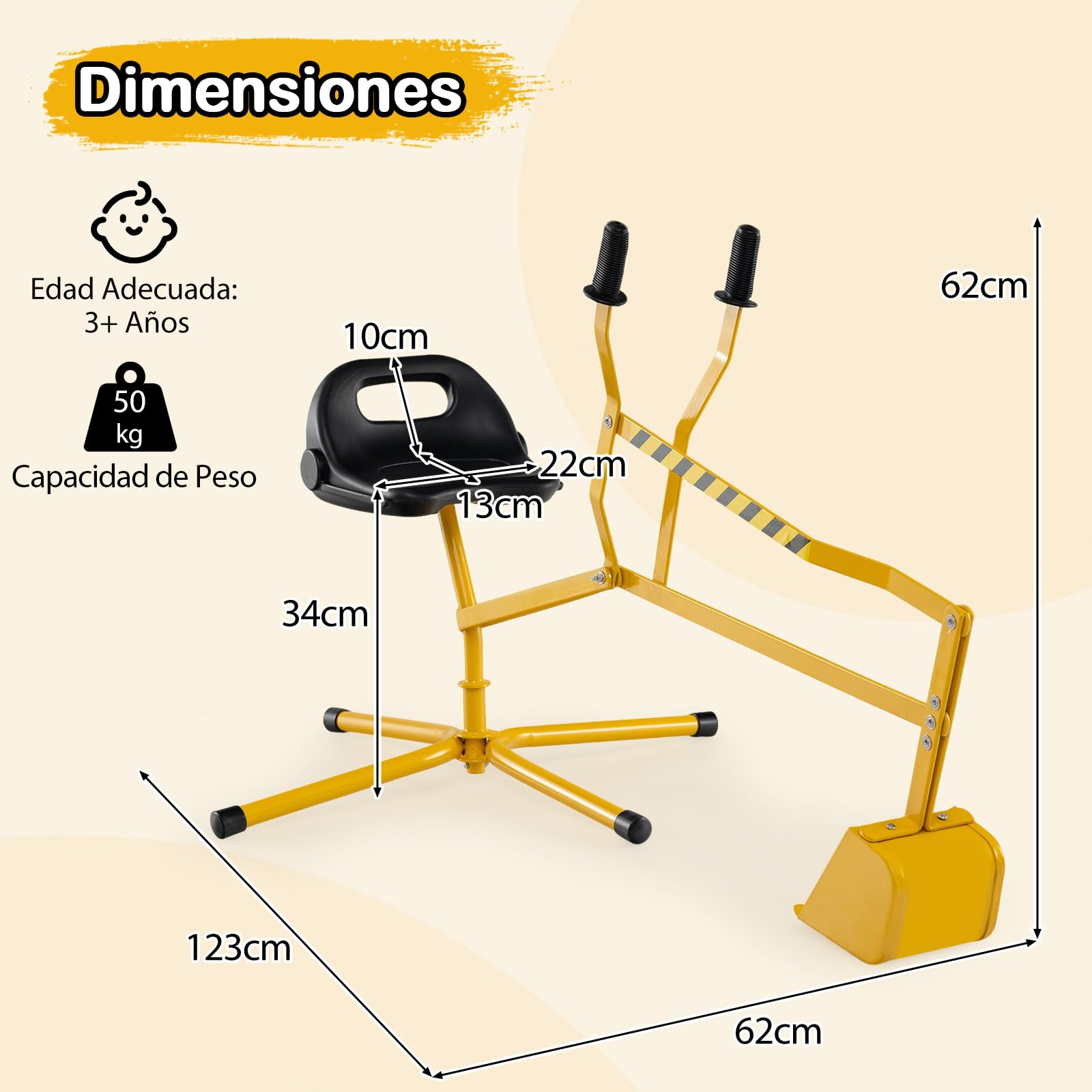 GOPLUS Juguete Excavadora para Niños con Base Giratoria de 360°, Juguete Construcción para Arenero Controles con Dos Manos, para Arena Tierra Nieve, Excavador Metálico para Niños de 3+ Años (Amarillo)