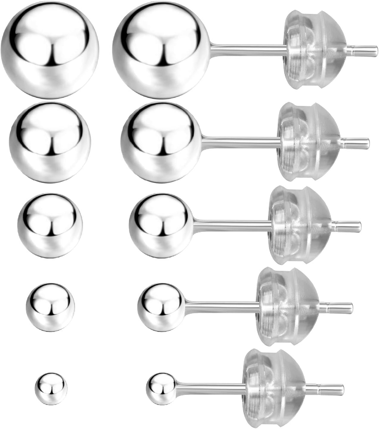JADENOVA Sterling Silver Stud Earrings Ball Earrings Stainless Steel Hypoallergenic Silver Round Studs Earrings for Women (2-6mm, 5 pairs)