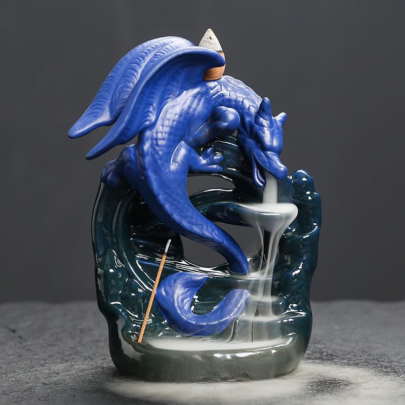 Brûleur d'encens dragon en céramique avec effet cascade | Kit de refoulement peint à la main avec 20 cônes parfumés et 30 bâtonnets d'encens |...