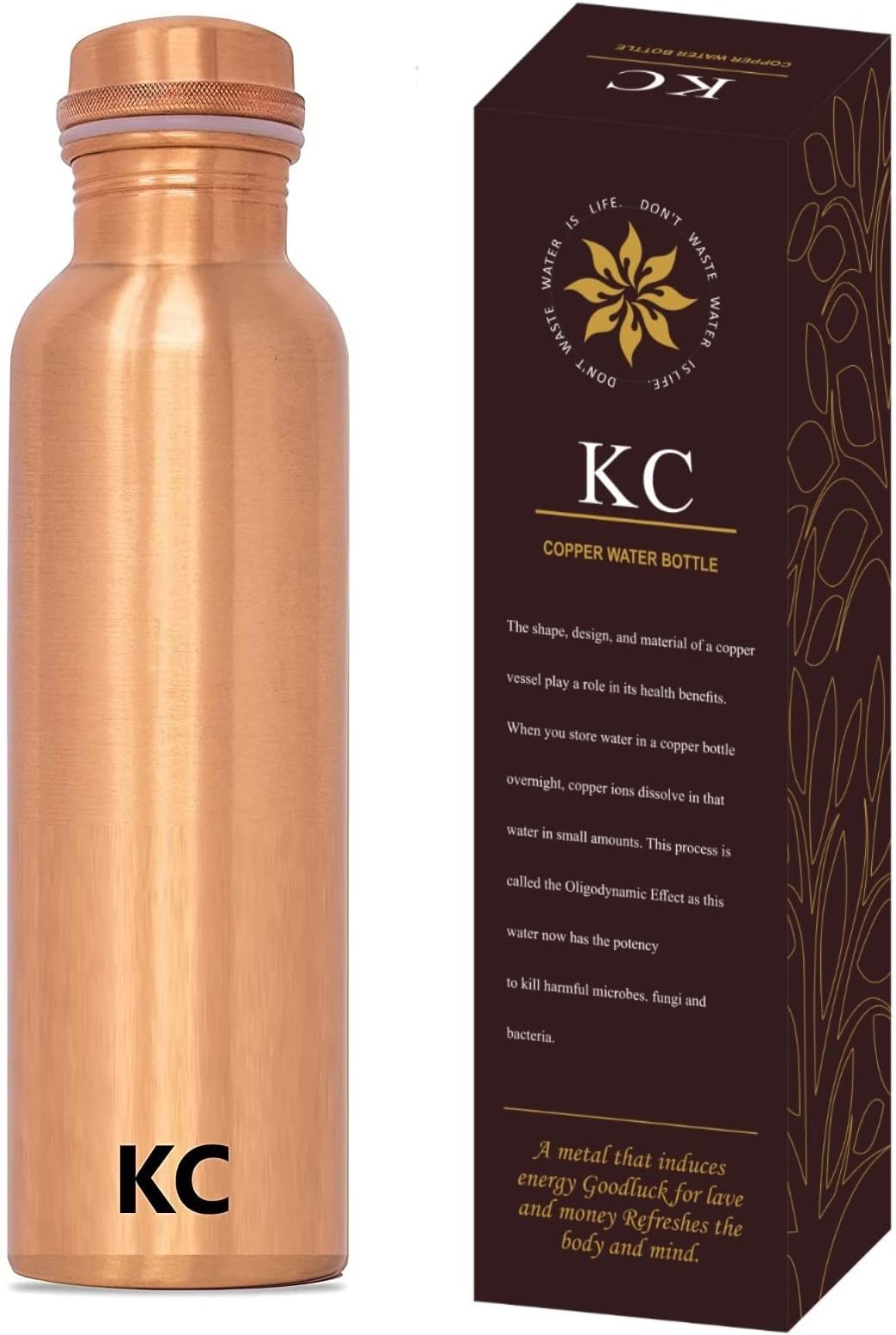 KC Pure Copper Designer Water Bottle with Advanced Leak Proof Protection and Joint Less, Ayurveda and Yoga Health Benefits. (1000ml, Pack of 1 Unit) With Lacqure Coating