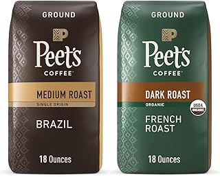 Peet's Coffee, Dark and Medium Roast Ground Coffee Bundle - Single Origin Brazil and USDA Organic French Roast 36 Ounces (2 Bags of 18 Ounces)