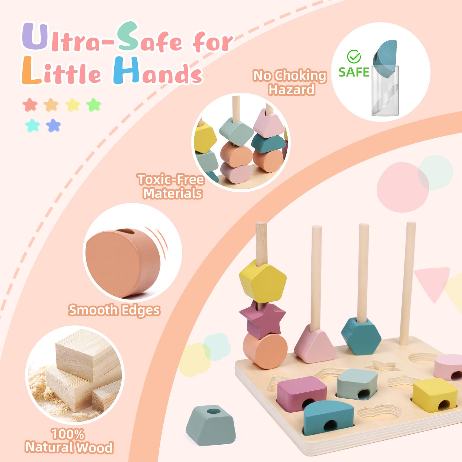 Jeux Montessori Enfant, 3 en 1 Jouet d'activité et de Développement Empilable y Enfiler, Enfant Jeu Educatif, Jouets de Tri Bois Cadeau pour Garcon et Fille 2 3 4 5 Ans, Jouets de Perles de Laçage