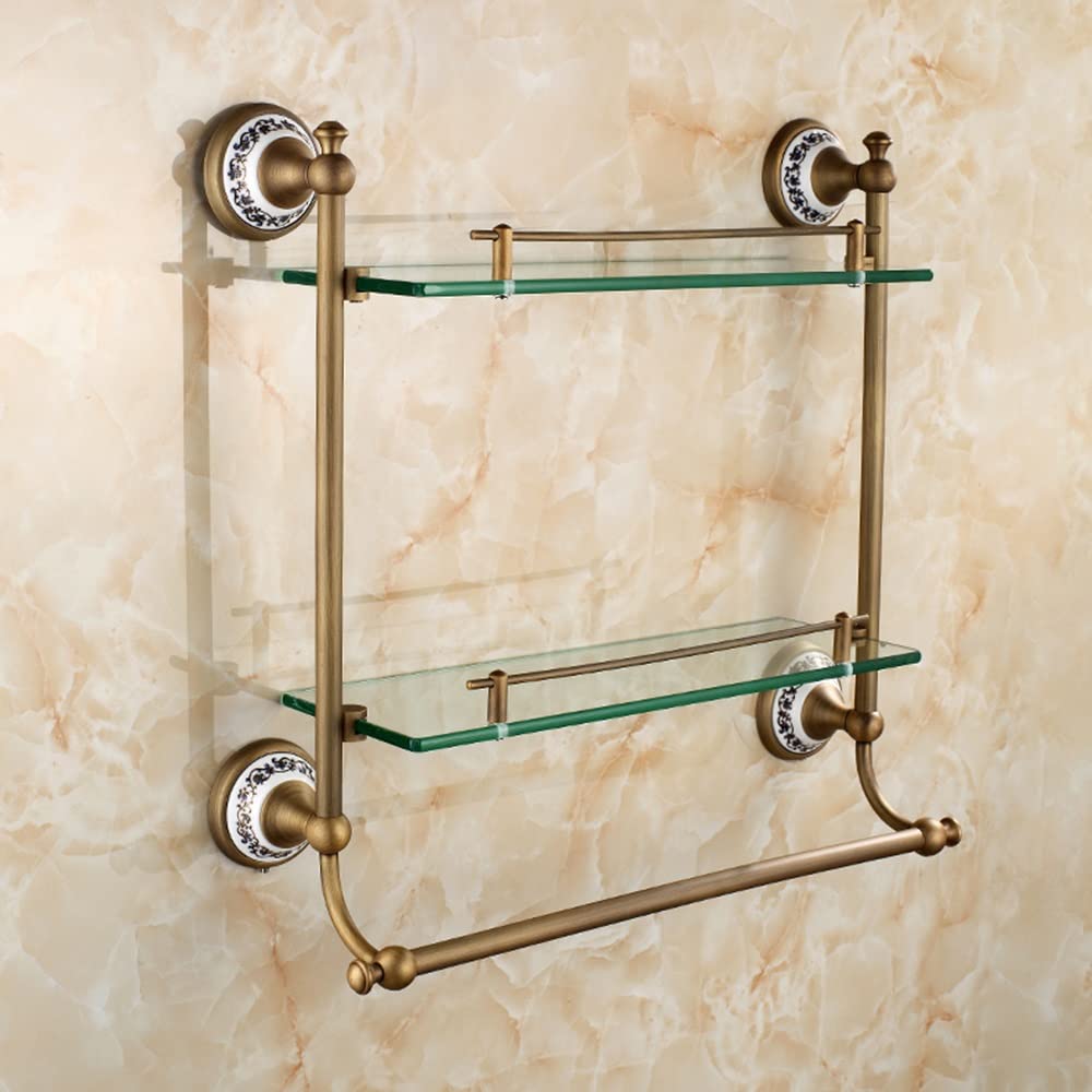 NUHSLF Shower Caddy Bathroom Glass Shelf 2 Tier Coming with Towel Bar Shower Caddy Bath Basket Wall Mount