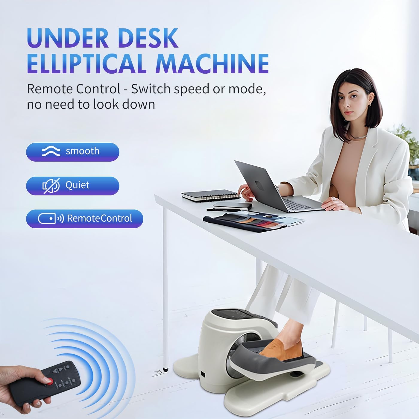 Under Desk Elliptical Machine, Electric Ellipse Leg Exerciser for Senior, 15 Manual Levels + 12 Auto Programs, Manual & Auto Mode for Home Office(White-35)