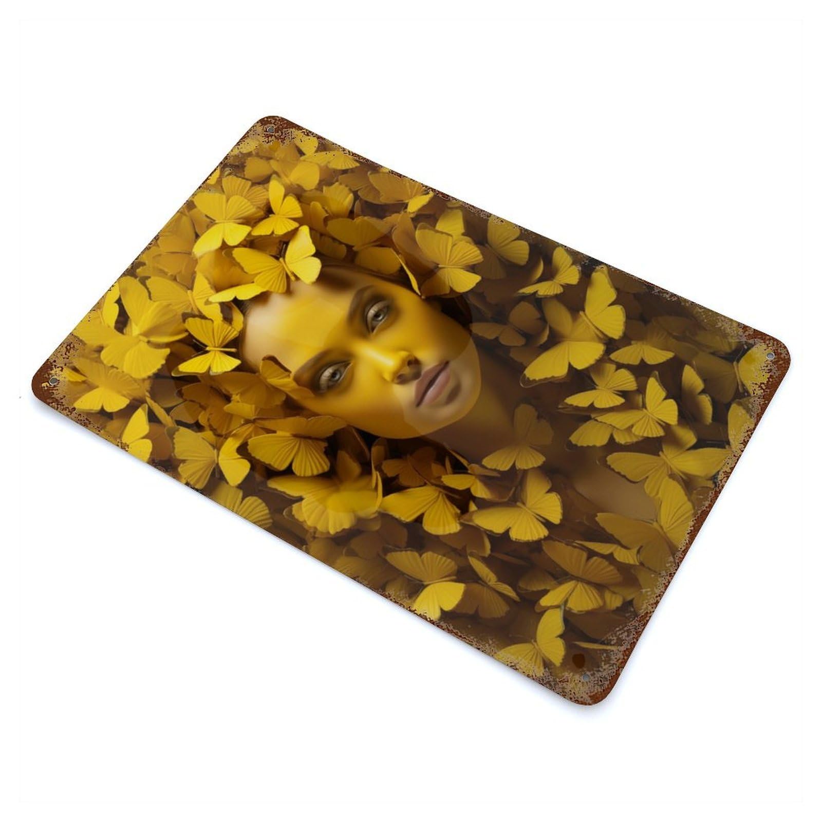 Yellow Butterflies 11.8"x7.9" Aged Metal Wall Plaque, Classic Wall Plaque for Basement, Hobby Room And Garage Decor