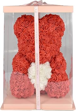 Hand Made Rose Bear Artificial Flower Gift for Mathers Day Birthday Valentines Day with a 15" Pink Gift Box Red-White Heart