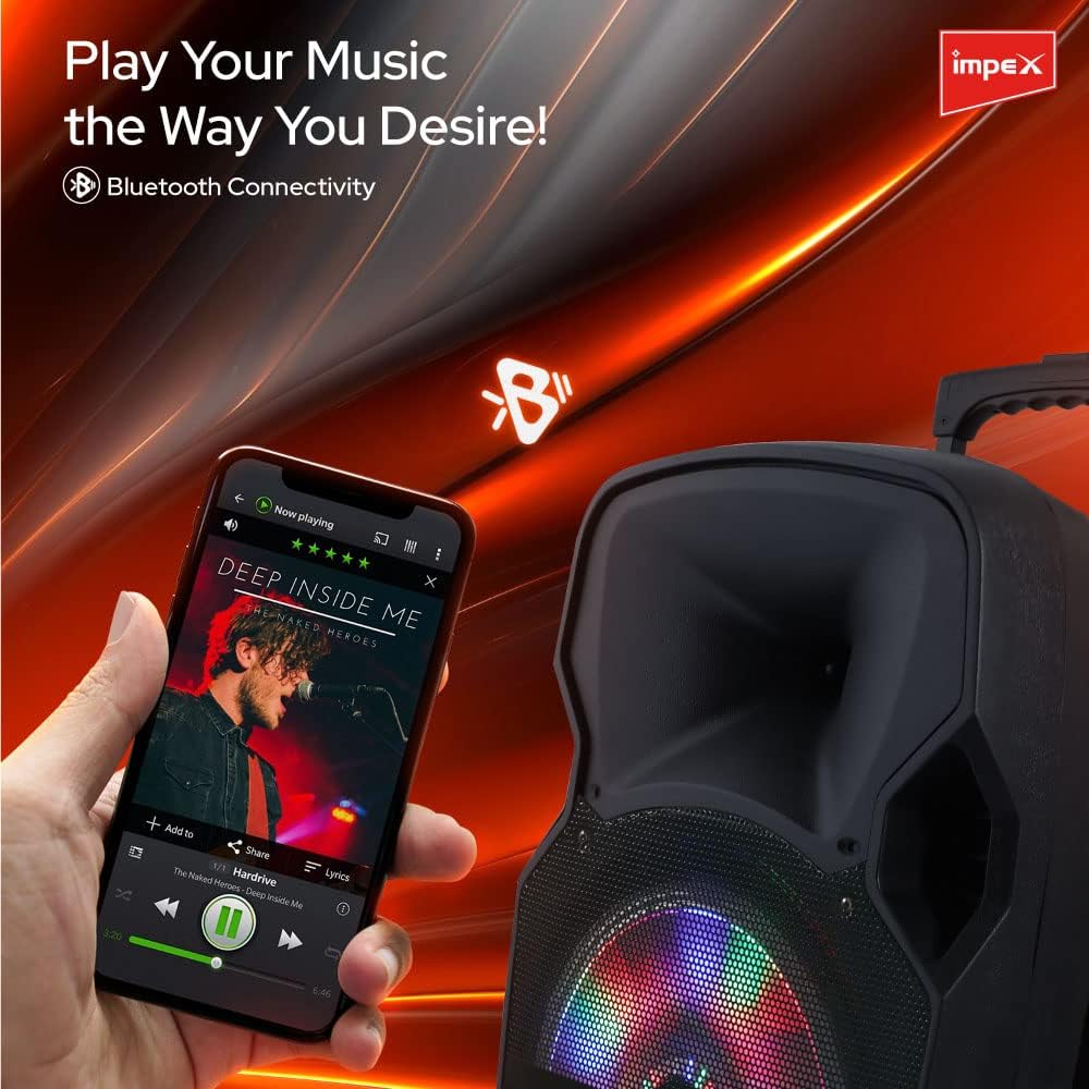 A hand holding a smartphone displaying music playback, with the Impex ST 80AN speaker in the background, illustrating Bluetooth connectivity.