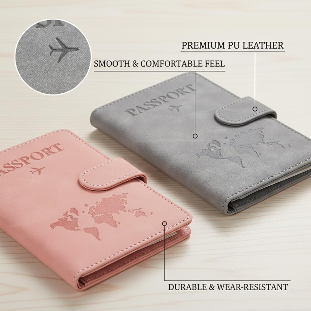 Passport Holder and Luggage Tag Set - RFID Blocking PU Leather Travel Wallet Organizer with SIM Card Slots, Waterproof Passport Cover Case & ID Bag Tag for Men Women (Grey/Pink)