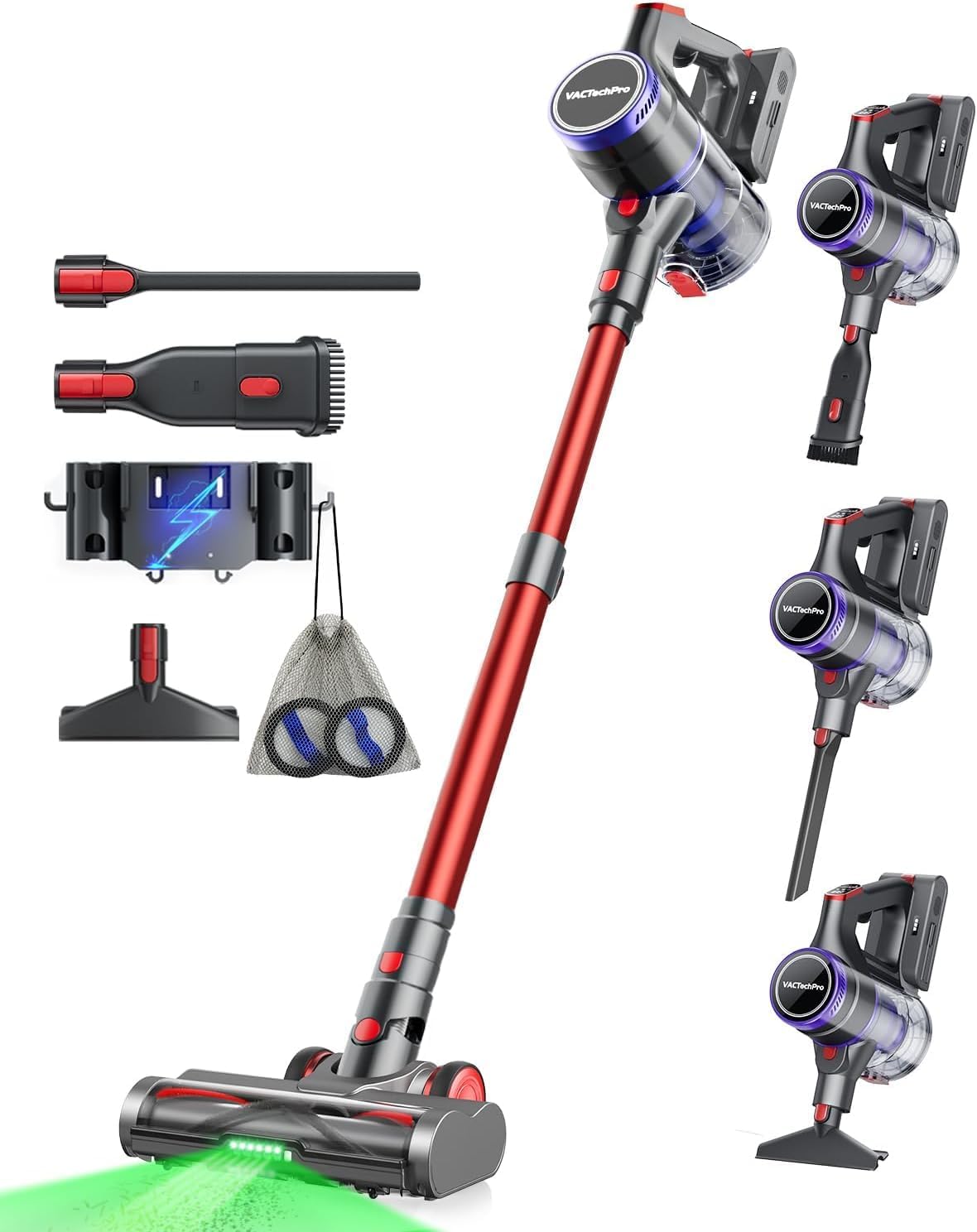 VACTechPro 55000Pa/600W/70Min Aspirapolvere Senza Fili, 1.6L Scopa Elettrica Senza Fili Super Silenzioso, GreenSight™ Aspirapolvere Senza Fili Potente con Sistema di Filtraggio a 8 Strati, Rosso