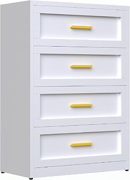 Metal Drawer Dresser for Bedroom,White 4 Drawer Dresser | White and Gold Dresser, Tall Bedroom Dresser with Large Drawer & Golden HandlesWhite, 4Drawer