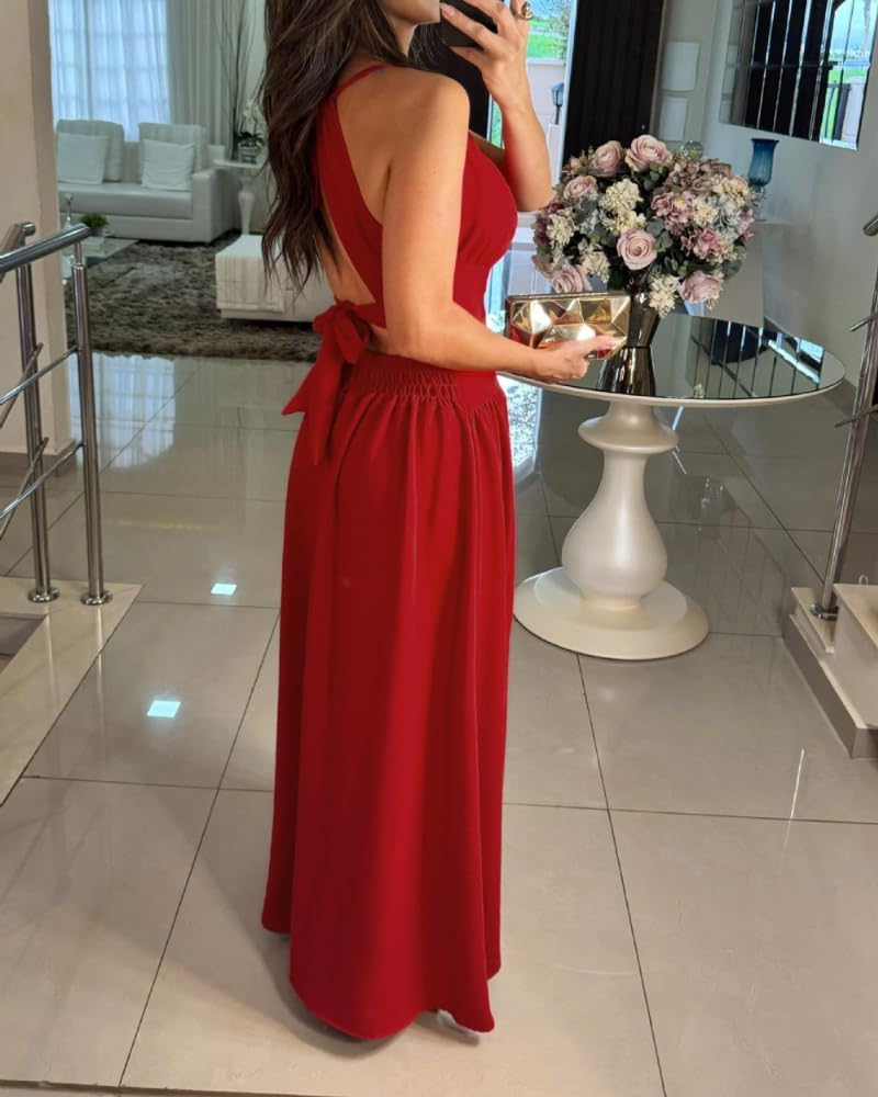 CHICME Women's Sleeveless Halter Neck Dress Criss Cross Tie Back Split High Maxi Dress - Image 6