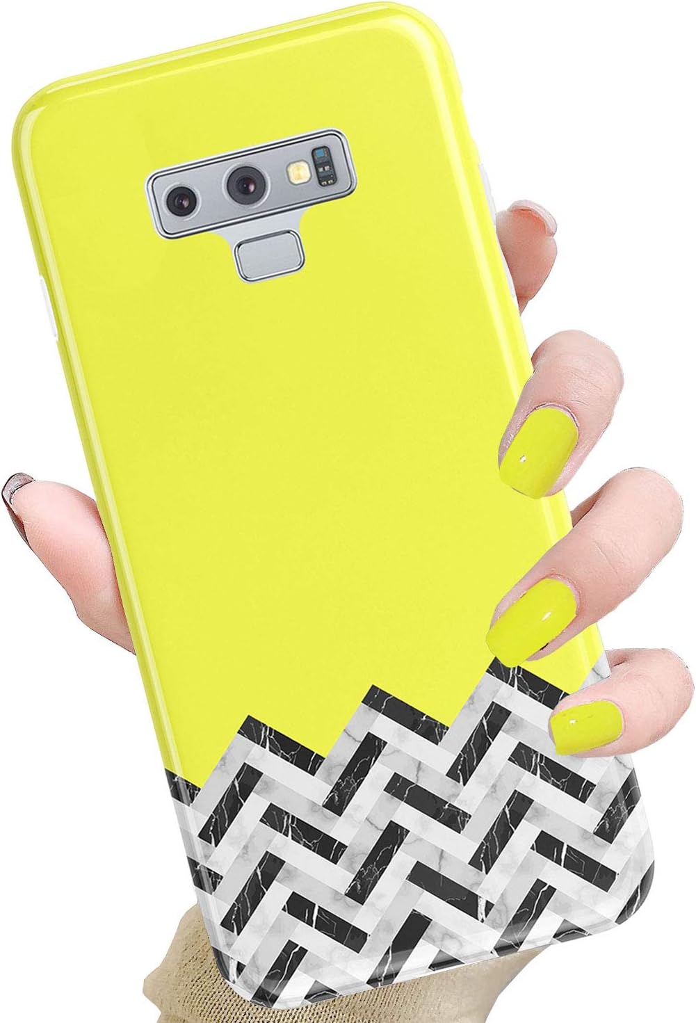 J.west Galaxy Note 9 Case for Girls,Unique Geometric Black White Marble Chevron Pattern Design Note 9 Case Slim Soft TPU Silicone Back Cover Protective Shell Phone Case Cover for Galaxy Note 9 Yellow