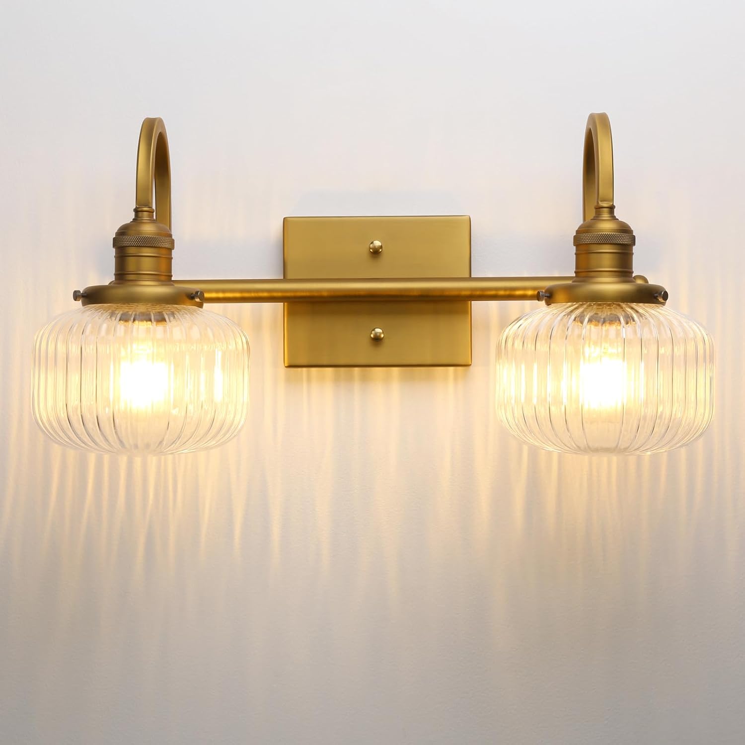 2-Lights Glass Wall Sconce with Clear Striped Globe Shade, Industrial Aged Brass Bathroom Vanity Wall Light for Living Room, Bedroom, Dining Room, Farmhouse
