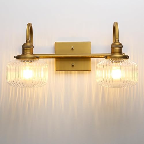 Miniatura 1 de Aplique de pared de vidrio de 2 luces con pantalla de globo a rayas transparentes, lámpara de pared de latón envejecido industrial para sala de
