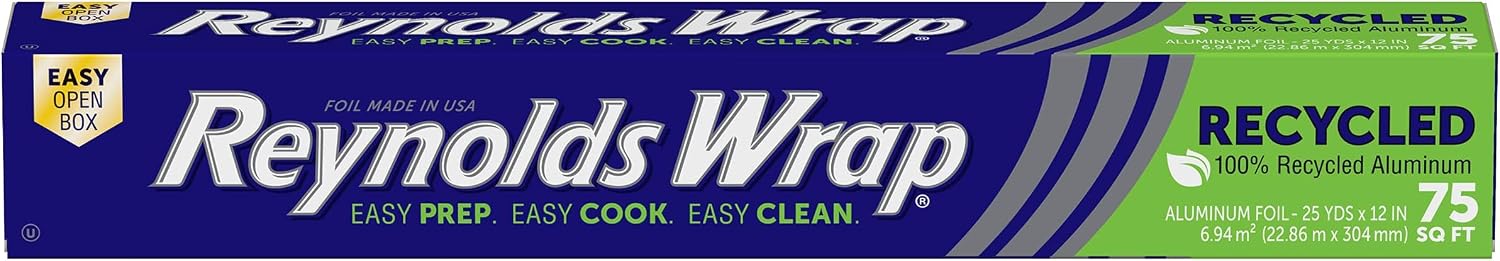 Reynolds Wrap Recycled Aluminum Foil Roll, Freezer Safe and Grill Safe Foil, Great for Foil Packets, 12 Inches Wide, 75 Total Sq. Ft.