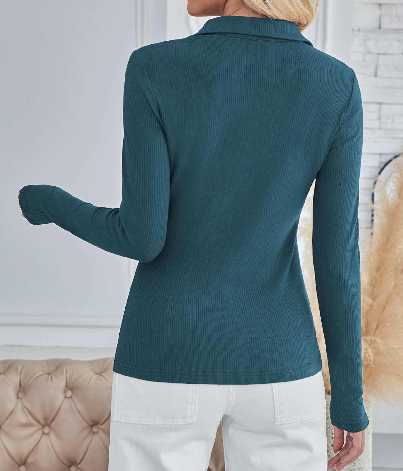 BAISHENGGT Womens Polo Shirts Long Sleeve Business Casual Basic Tops V Neck Ribbed Knit Sweater Slim Fitted Work Blouses - Image 2