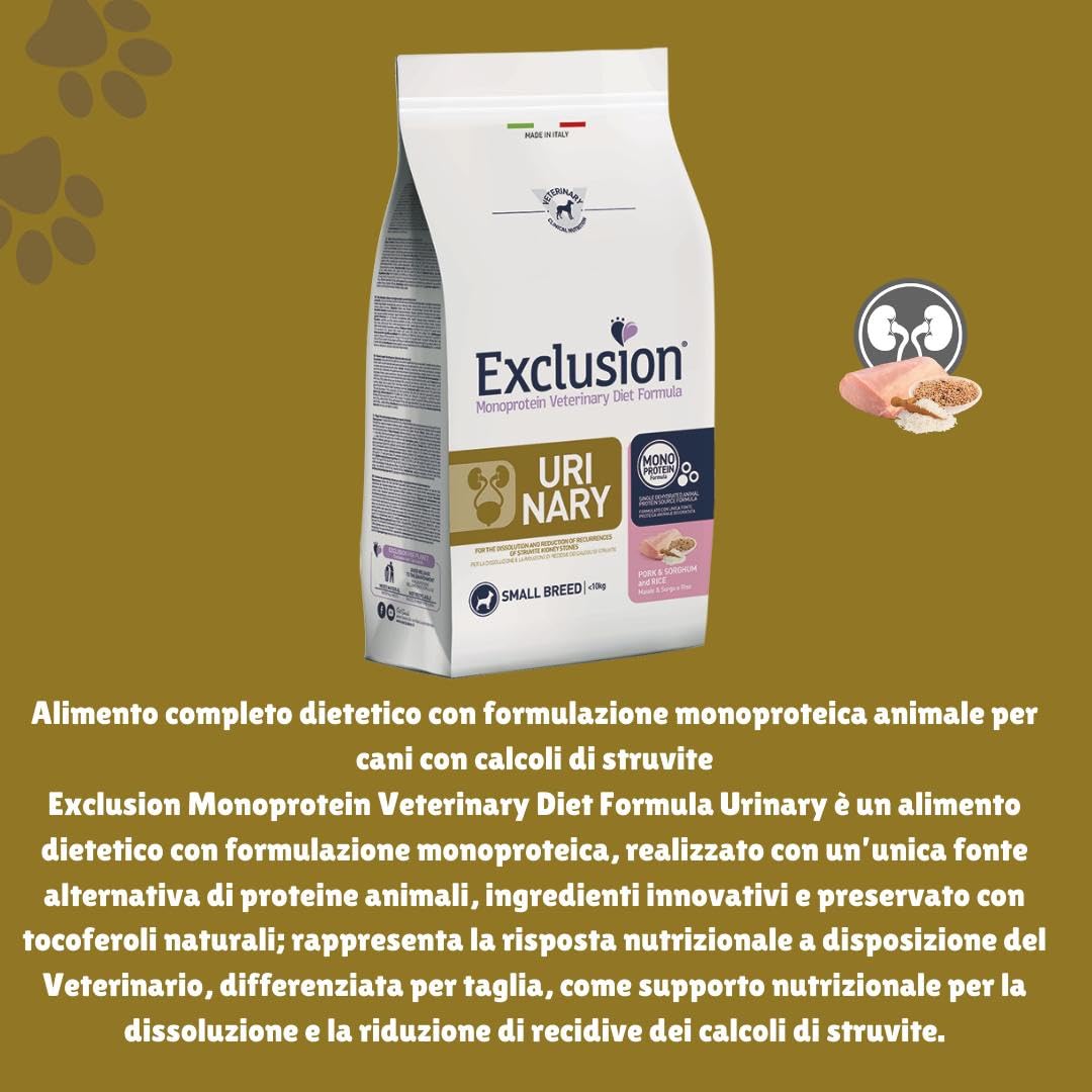 Exclusion Urinary - Alimento dietético para perros adultos de talla pequeña, cerdo, sorgo y arroz, 2 kg, alimento dietético para perros adultos de talla pequeña con cálculos de estruvita de 2 kg.