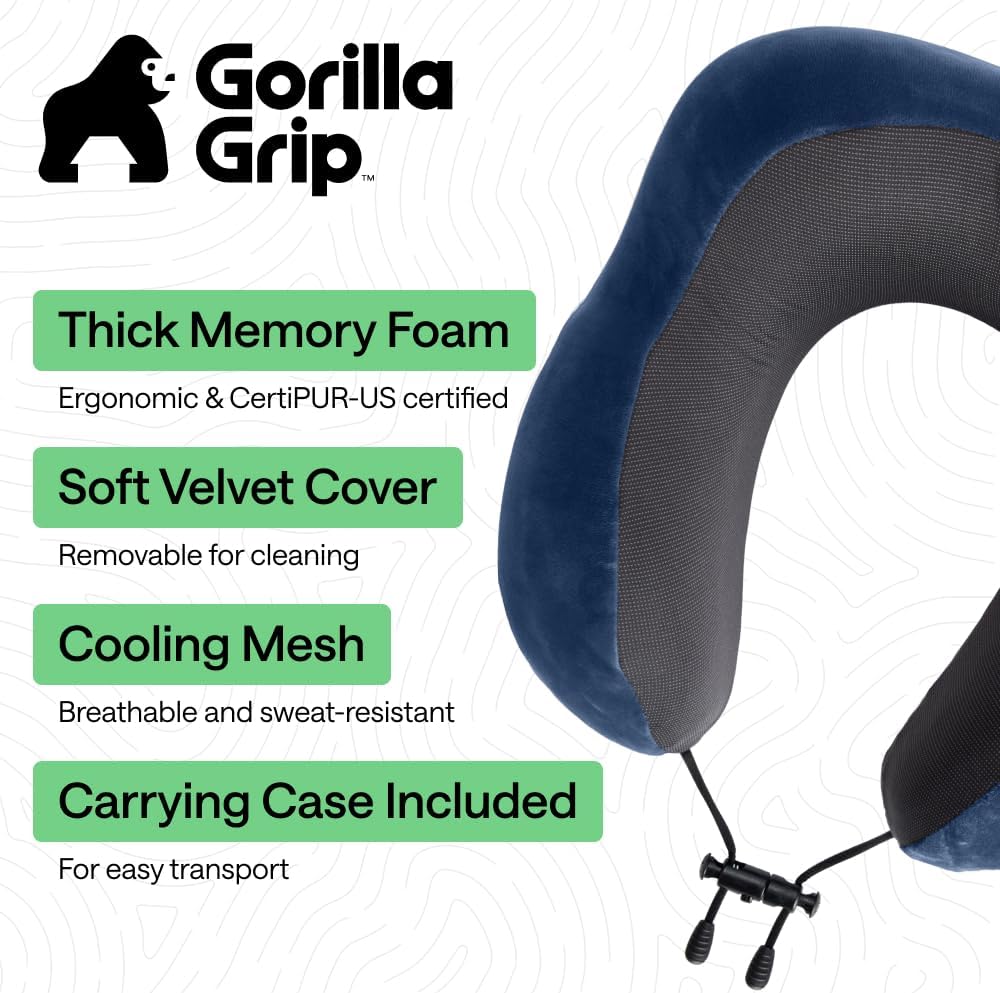 GORILLA GRIP Adjustable Travel Neck Pillow for Airplanes, CertiPUR-US® Memory Foam, Soft Velvet, Cooling Mesh Pillows, Support Headrest for Sleeping, Traveling Essentials Flight Accessories Navy Blue