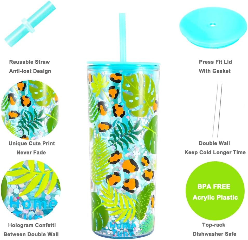 Home Tune Cute Tumbler Cups with Lid and Straw, Double Wall Insulated Acrylic Cup, 21 oz / 620ml - Summer - Image 4