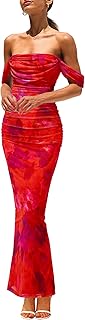 Maxi Dresses for Women 2025 Summer Elegant Floral Off Shoulder Ruched Mesh Cocktail Wedding Guest Dress