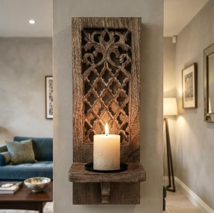 Handcrafted Wooden Wall Candle Holder - Moroccan Style -6