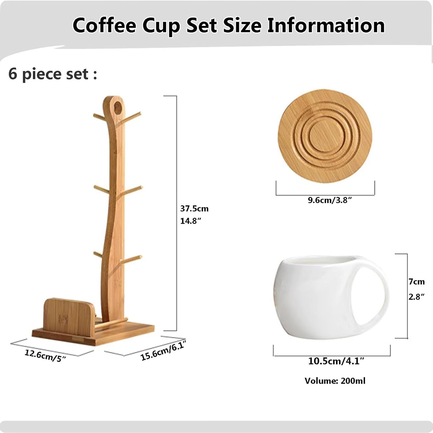Ceramic Coffee Cup Shelf Set 6 Piece Creative Cup Stand and Saucer with Bamboo Frame Combination Coffee Mugs Kitchen Accessories Display 12.6x15.6x37.5cm