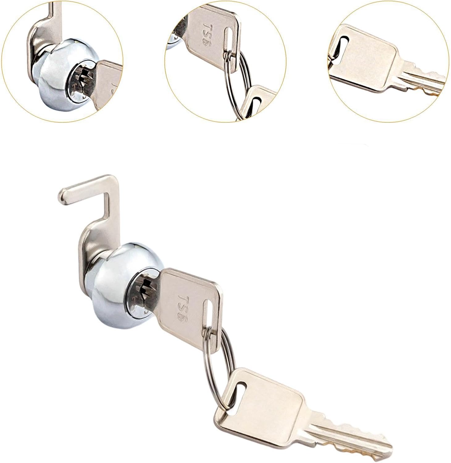 Replacement Cam Lock with Alike Keys, Zinc Alloy, Easy Installation Hook Lock, Style C