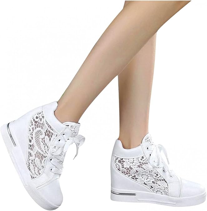 Wedge Sneakers for Women Platform Hidden Heels Sneakers Lace Crochet Lace Up Chunky Bottom Bride Wedding Sneaker Breathable Mesh Casual Platform High Top Canvas Shoes