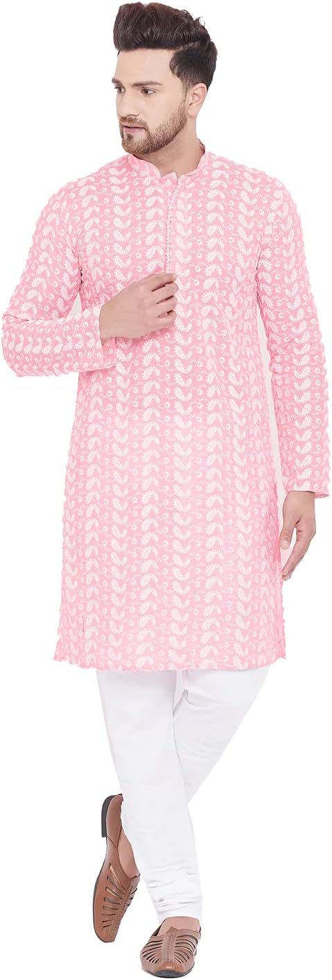 Elina fashionMen's Cotton Kurta Pajama Set | Lakhnavi Chikankari Embroidered Indian Designer Diwali Traditional Wear