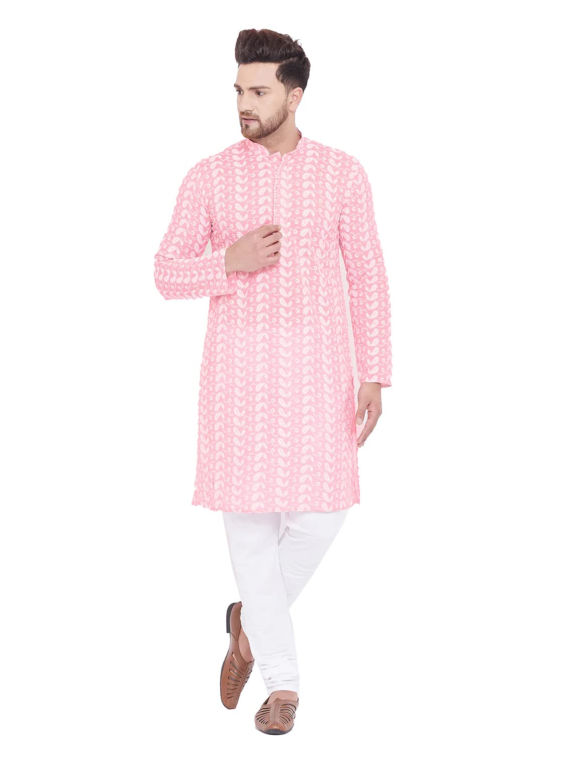 Elina fashionMen's Cotton Kurta Pajama Set | Lakhnavi Chikankari Embroidered Indian Designer Diwali Traditional Wear