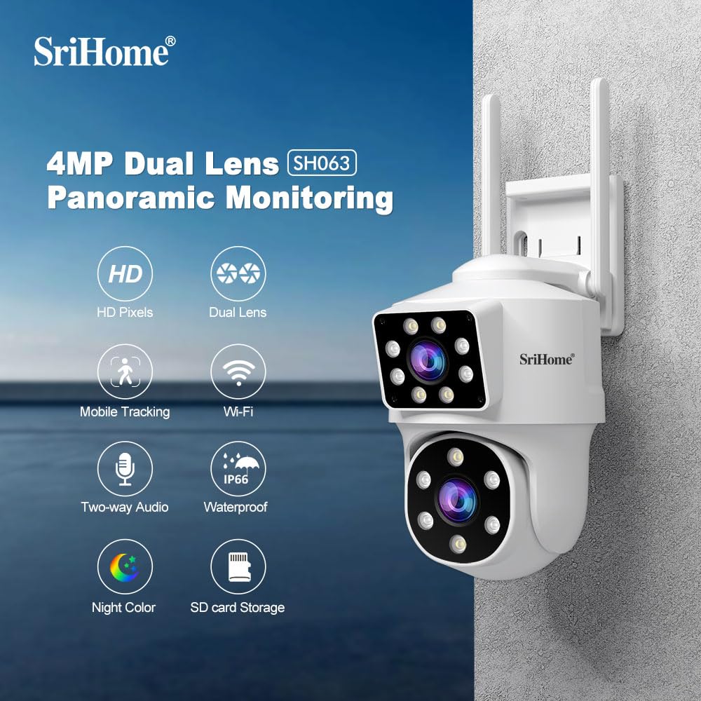 SRIHOME 2 * 2MP Caméras de Surveillance extérieures, 2.4GHz Bullet-PTZ Double Objectif, Détection Humaine, Vision Nocturne en Couleurs, Audio bidirectionnel, Stockage Local SD, IP66 (1)