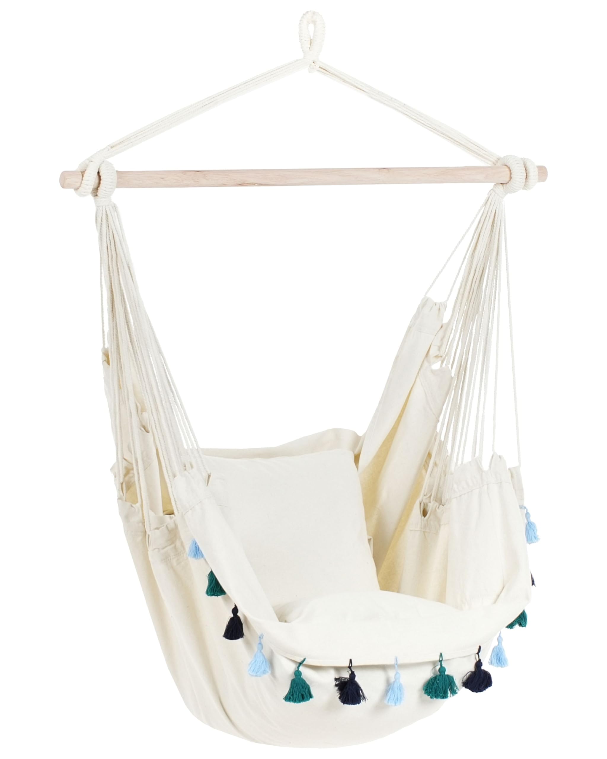 Chaise Hamac Boho Suspendu avec Coussins et Pompons en Coton Beige et Bleu Varena