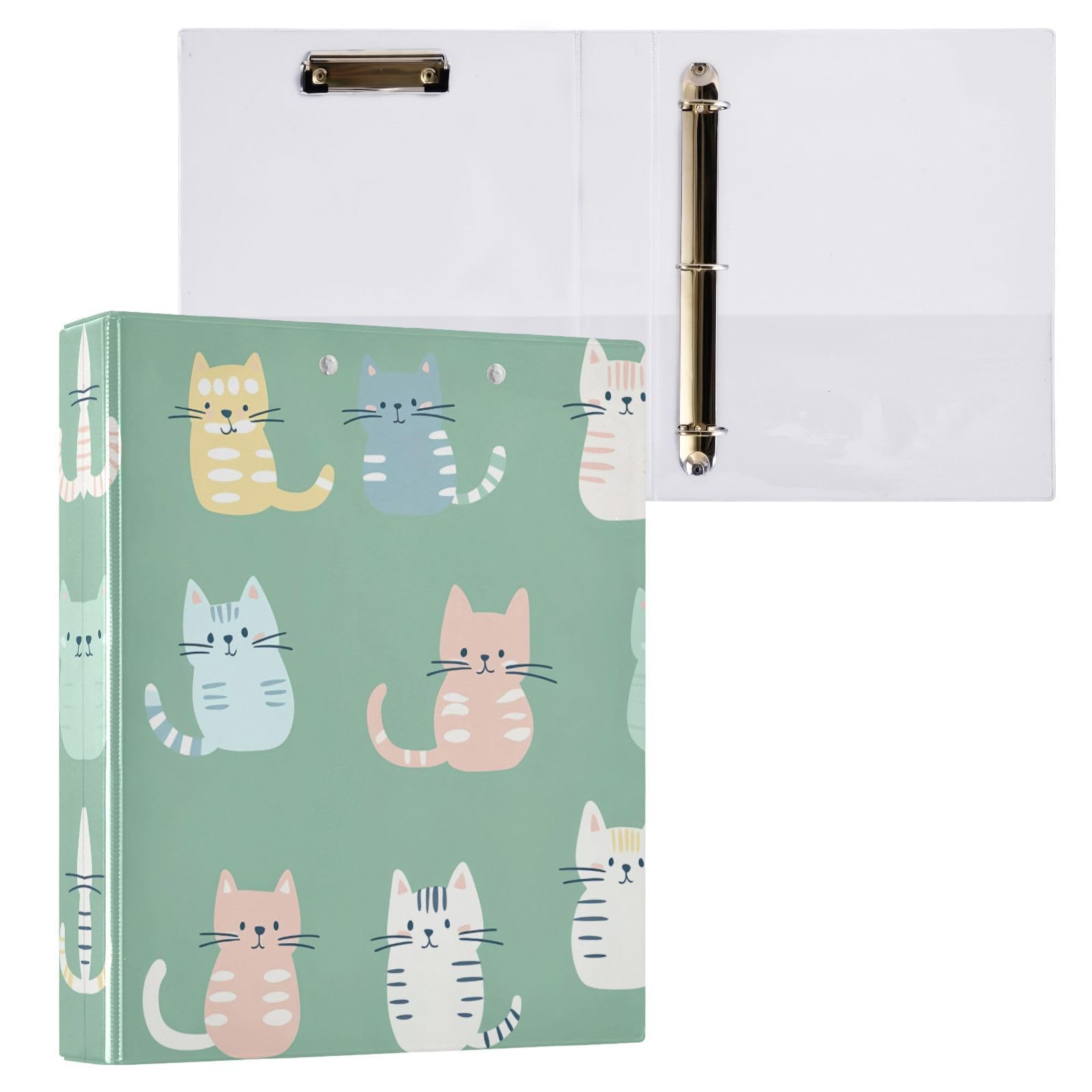 Raccoglitori ad anelli con 3 anelli, 3,8 cm, con simpatici gatti in stile cartone animato, rotondi, con clip in metallo, organizer per casa e ufficio, confezione da 2