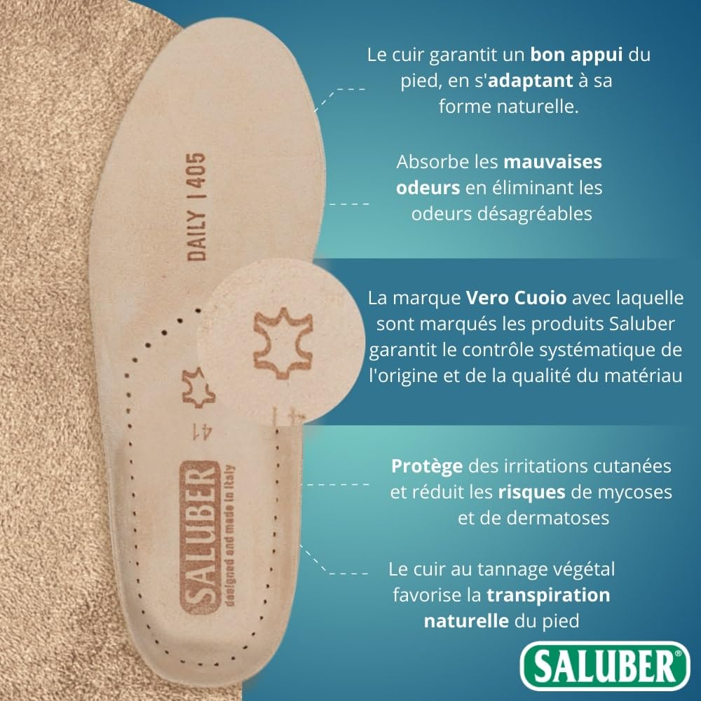 Saluber Semelles Chaussures Confort Cuir Daily 405 Homme Femme (43) | Poron+ amorti chocs, anti-odeur et transpiration, respirantes, faites main en Italie