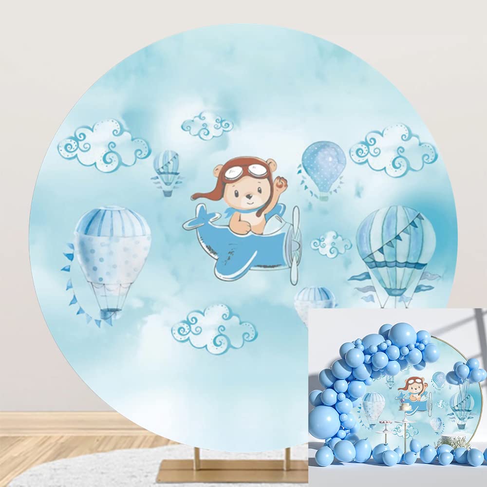 DORCEV 6.5x6.5ft Polyester Hot Air Balloon Round Backdrop Cover Oh The Places You'Ll Go Baby Adventure Photography Background for Kids 1st Birthday
