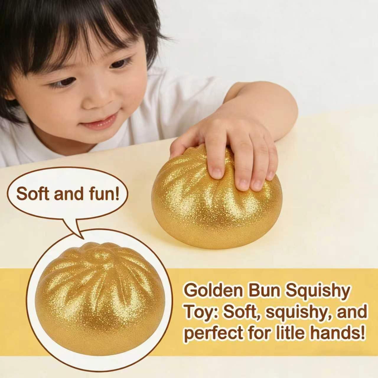 Glitter Dumpling Squishy, Colorful Dumpling Squishes Stress Balls with Steamer, Easter Gifts, Soft Squeeze Decompression Dough for Adults (Gold with Glitter) - 4