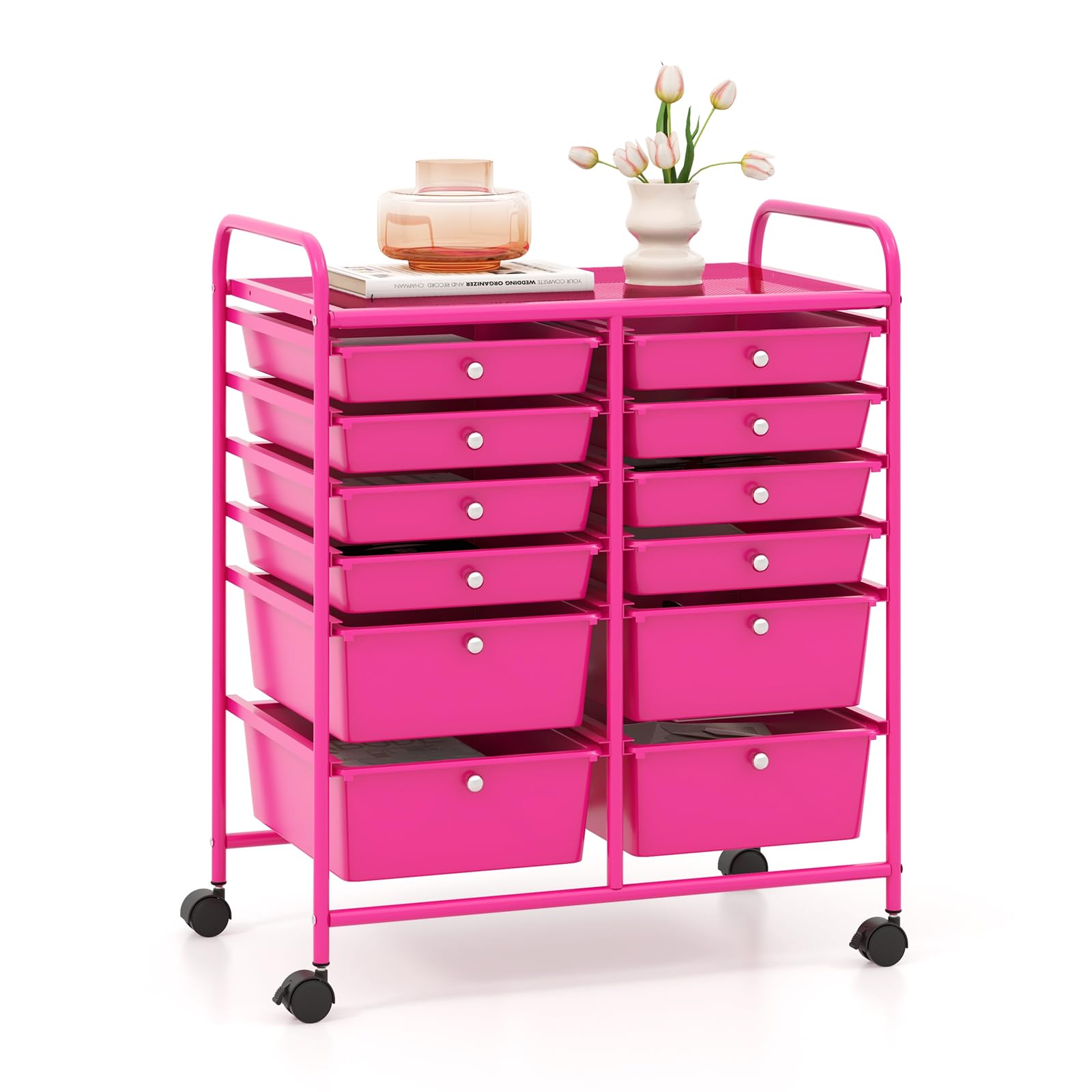 GOPLUS Rollwagen Schubladenwagen, Rollcontainer mit 12 stapelbaren Schubladen, Haushaltwagen auf Rollen mit Bremsen, Badtrolley Badregal, Aufbewahrungswagen für Heim und Büro (Hot Pink)