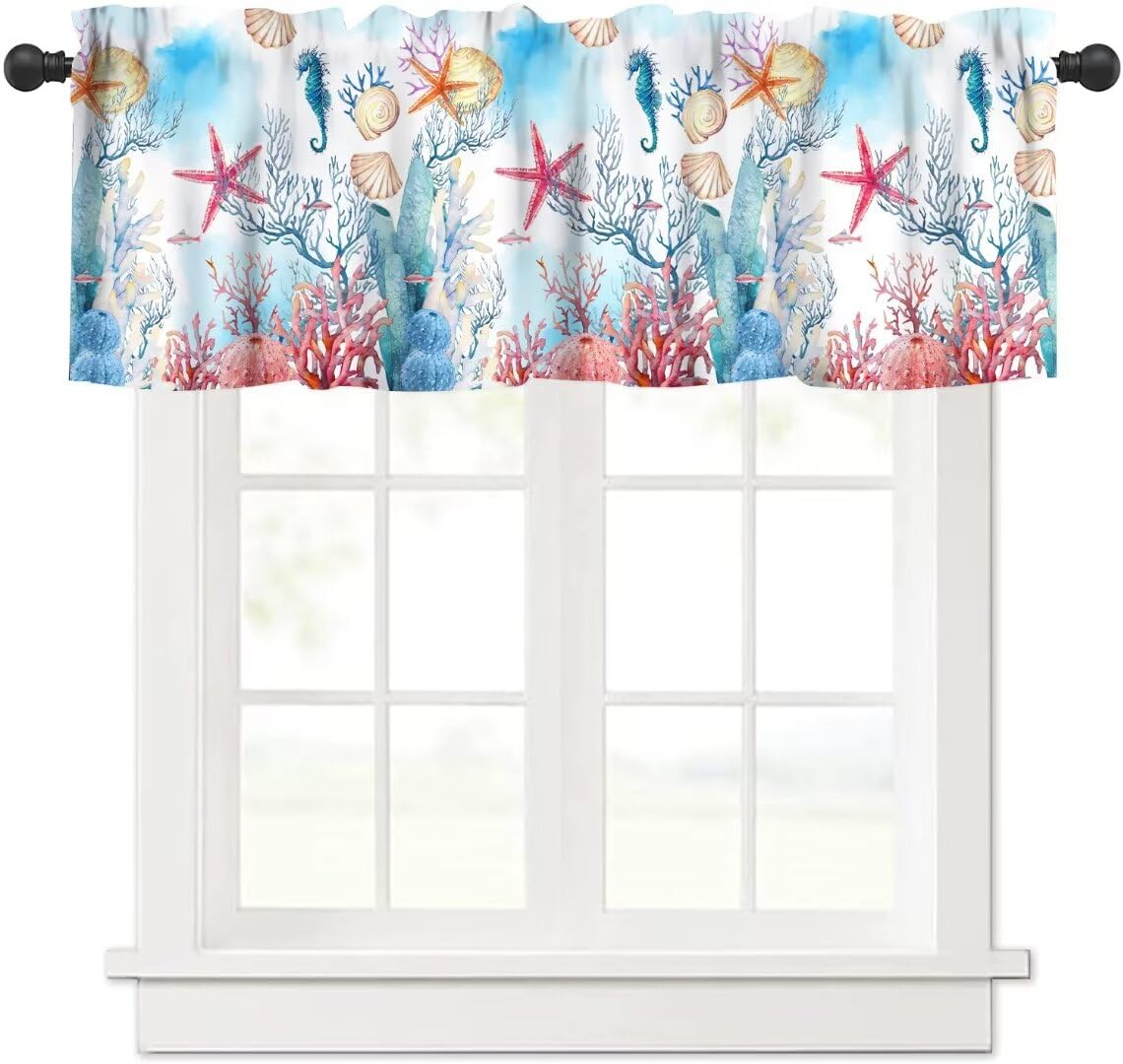 Starfish Seashell Window Valance Curtain, Watercolor Coastal Animal Undersea Beach Colorful Coral Plant Window Treatment Valances for Kitchen Living Room Café Décor 54'x18', 1 Panel