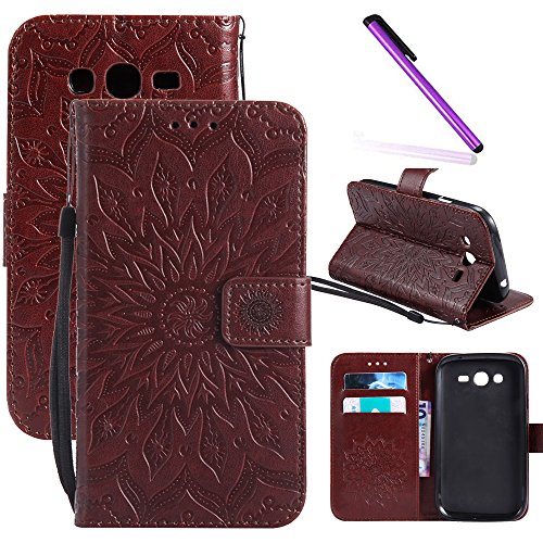 Galaxy Grand Neo Plus I9060 Case Leecoco Embossed Floral Wallet Case With Card Cash Holder Slots Wrist Strap [Kickstand] Pu Leather Flip Slim Case Cover For Samsung Galaxy Grand Neo Mandala Brown #TOP16
